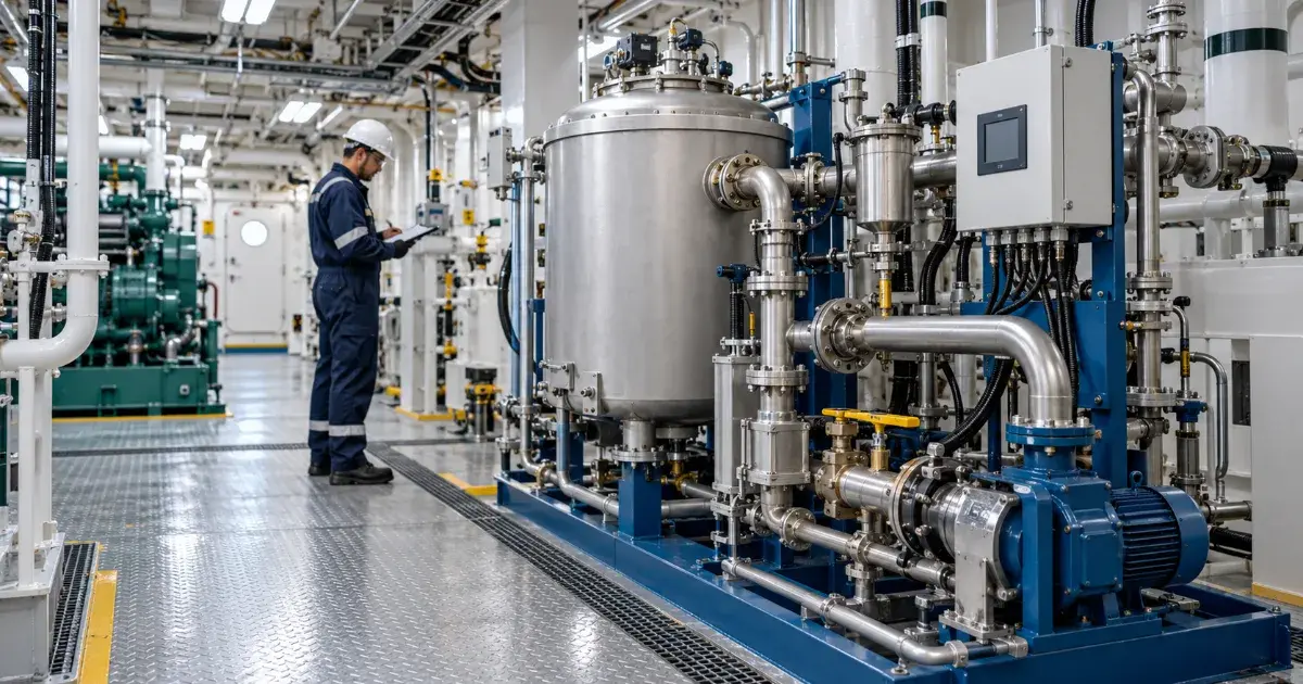 Bilge water management system operating inside a commercial vessel engine room