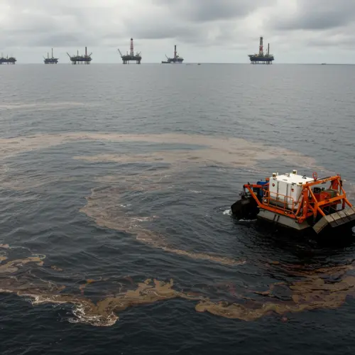 Oil recovery vessel near offshore platforms